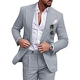 UNINUKOO Linen Suit for Men Summer Wedding 2 Piece Suit Set Peak Lapel Casual Blazer Pants Beach Wear for Men