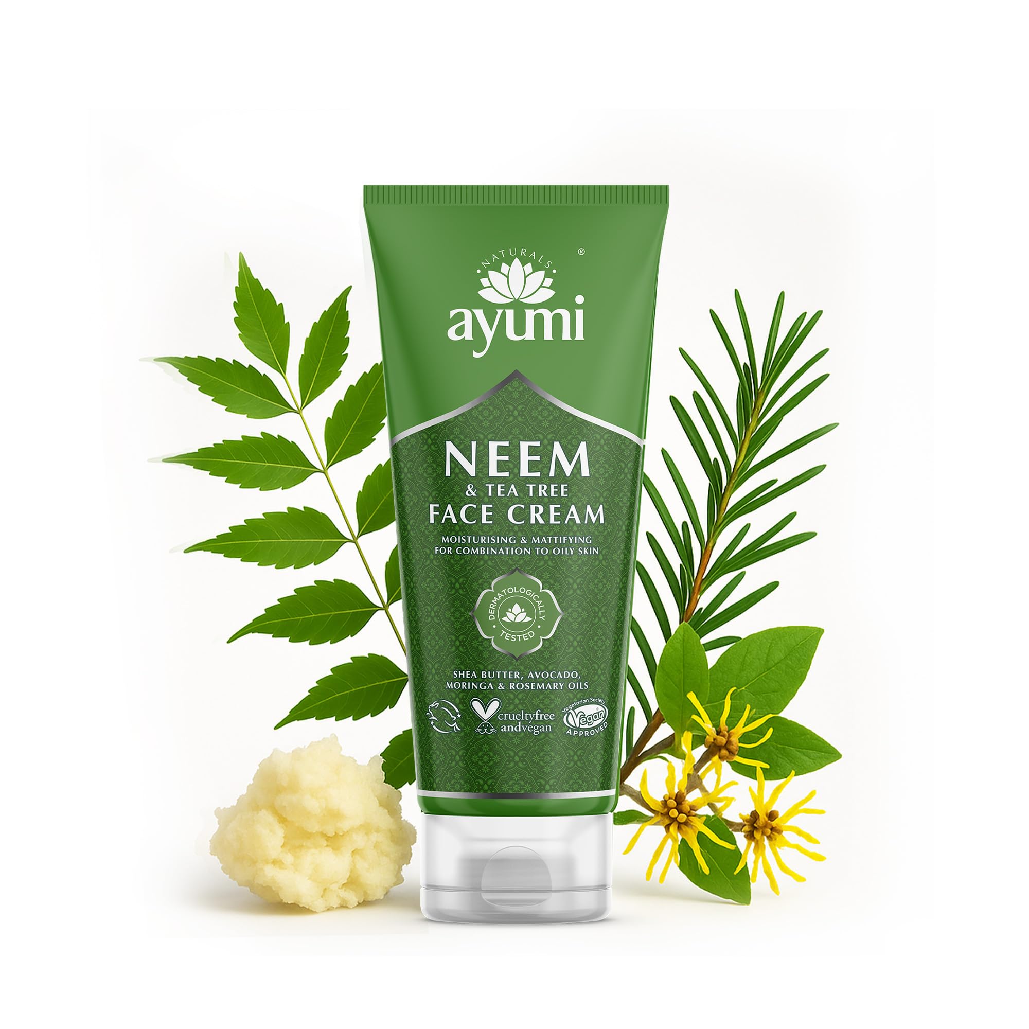 Ayumi Neem & Tea Tree Face Cream | Acne Cream with Witch Hazel | Oily Skin Moisturiser with Rosemary Oil | MoisturisingCream with Organic Shea Butter | Face Moisturiser for Men & Women | 1 x 100 ml