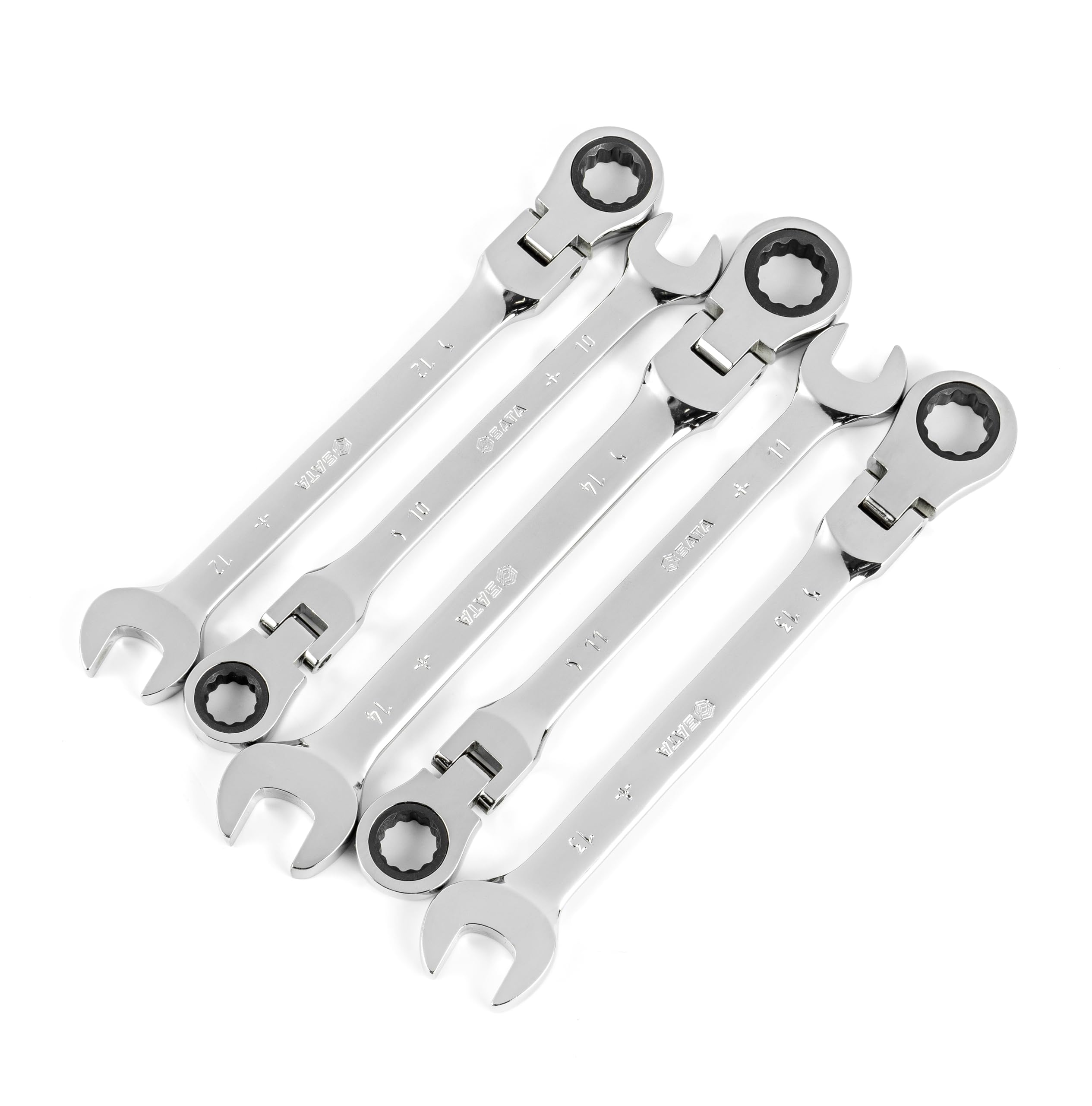 SATA ST09082SJ 5-Piece Metric 12 Pt. Flex-Head Ratcheting Wrench/Spanner Set, Polished, 10mm - 14mm, with Durable Tool Roll