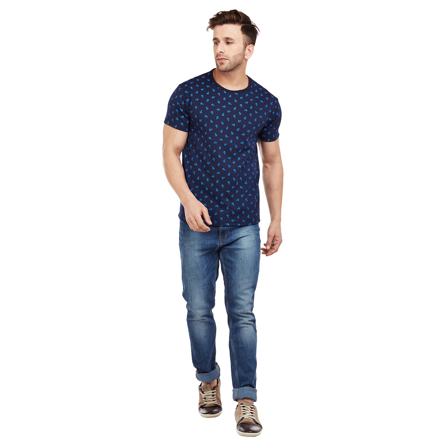 vimal navy blue printed round neck tshirt for men