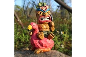 EPTUEGA Solar Tiki Bar Outdoor Statues-Flamingo Decor - Tiki Riding a Flamingos Statue for Tiki Decorations, Patio, Balcony, Yard,Lawn,Gifts