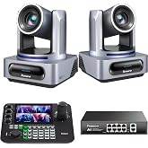 Tenveo 4K 20X Zoom NDI PTZ Camera Bundle, AI Tracking SDI/HDMI/USB/LAN Live Streaming Camera (2-Pack), 7'' Quad-Screen Joystick Controller &amp; 8-Port PoE Switch Kit (VX20M-4KN x2+KB300PRO+PoE)