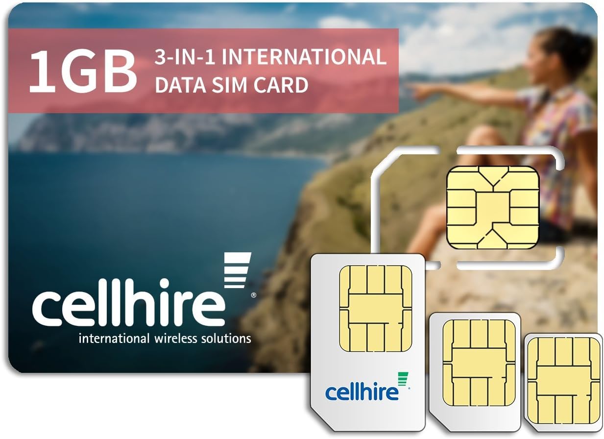 Cellhire Prepaid International Data SIM Card - International 1GB Bundle - 66 Countries - 3-in-1 SIM