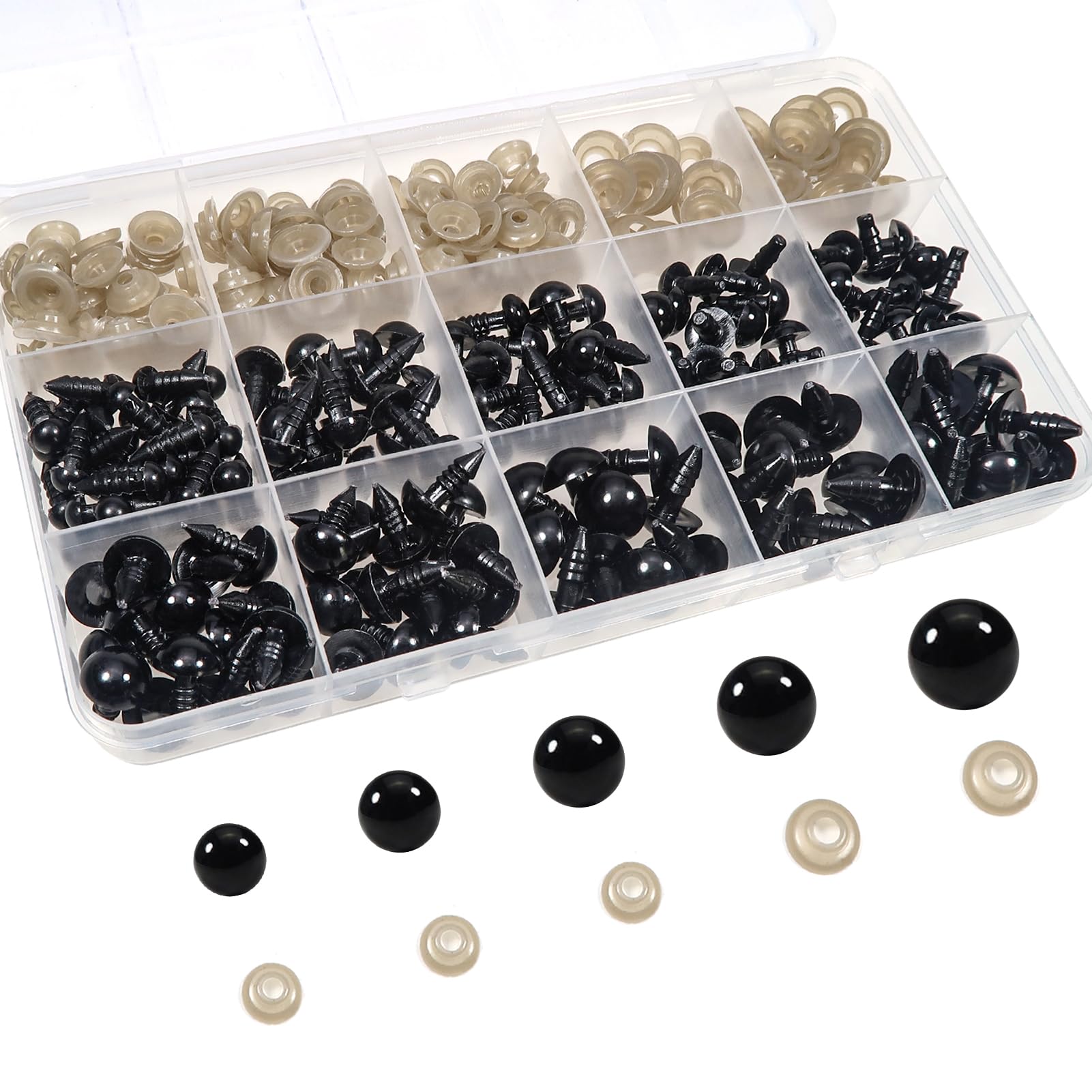 Toaob 150 Pieces Doll's Eyes, Safety Eyes, Plastic Craft Eyes, Black Set, 6 mm to 12 mm with Washers for Doll / Puppets