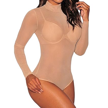 LAEMILIA Damen Bodys Rollkragen Langarm Bodysuit Overall Mesh Tops Romper Shirts für Clubwear