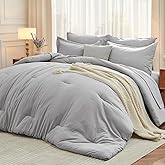 MUXHOMO 7 Pieces Queen Comforter Set, Soft Bed in a Bag Queen Size, All Season Bedding Set with Comforter, Flat Sheet, Fitted Sheet, Pillowcases & Shams, Light Grey
