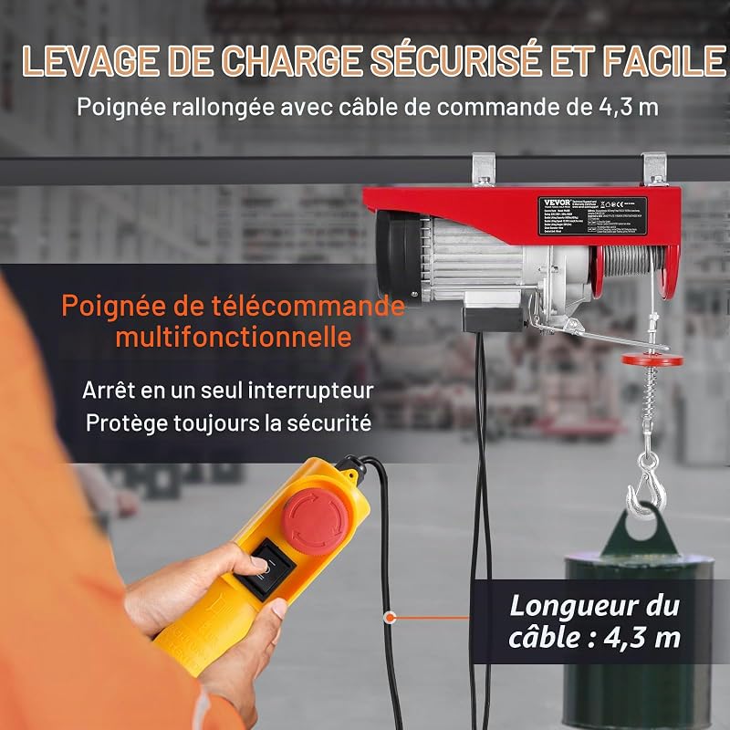 Palan Électrique, Charge Double Câble 400 kg, Télécommande Filaire 4,2 m, Hauteur Levage à Câble Simple 12 m, Élingue Simple Double, Arrêt d'Urgence, Palan Élévateur pour Garage, Entrepôt, Usine