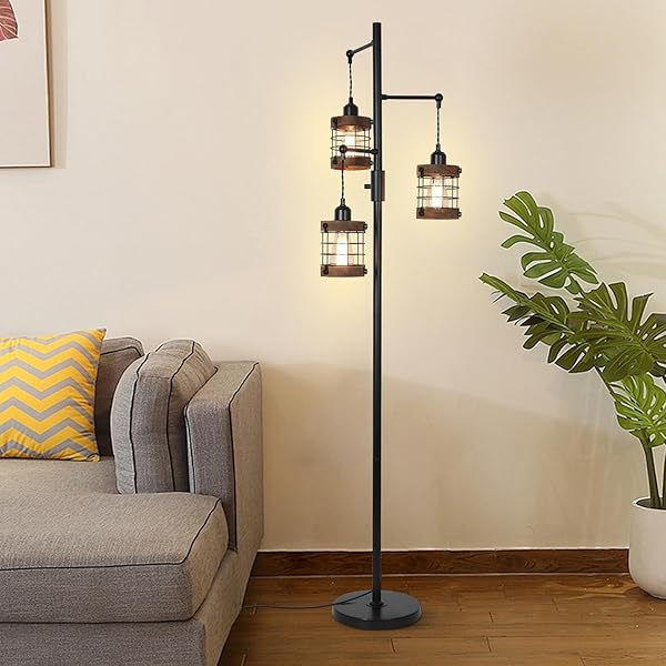 AIRPOSTA DIMMABLE FLOOR LAMPS FOR LIVING ROOM, 3-LIGHT INDUSTRIAL FLOOR LAMP WITH WOOD & METAL CAGE, FARMHOUSE STANDING LAMP TALL TREE LAMP FOR BEDROOM OFFICE, RUSTIC BLACK TALL FLOOR LAMP FOR CORNER