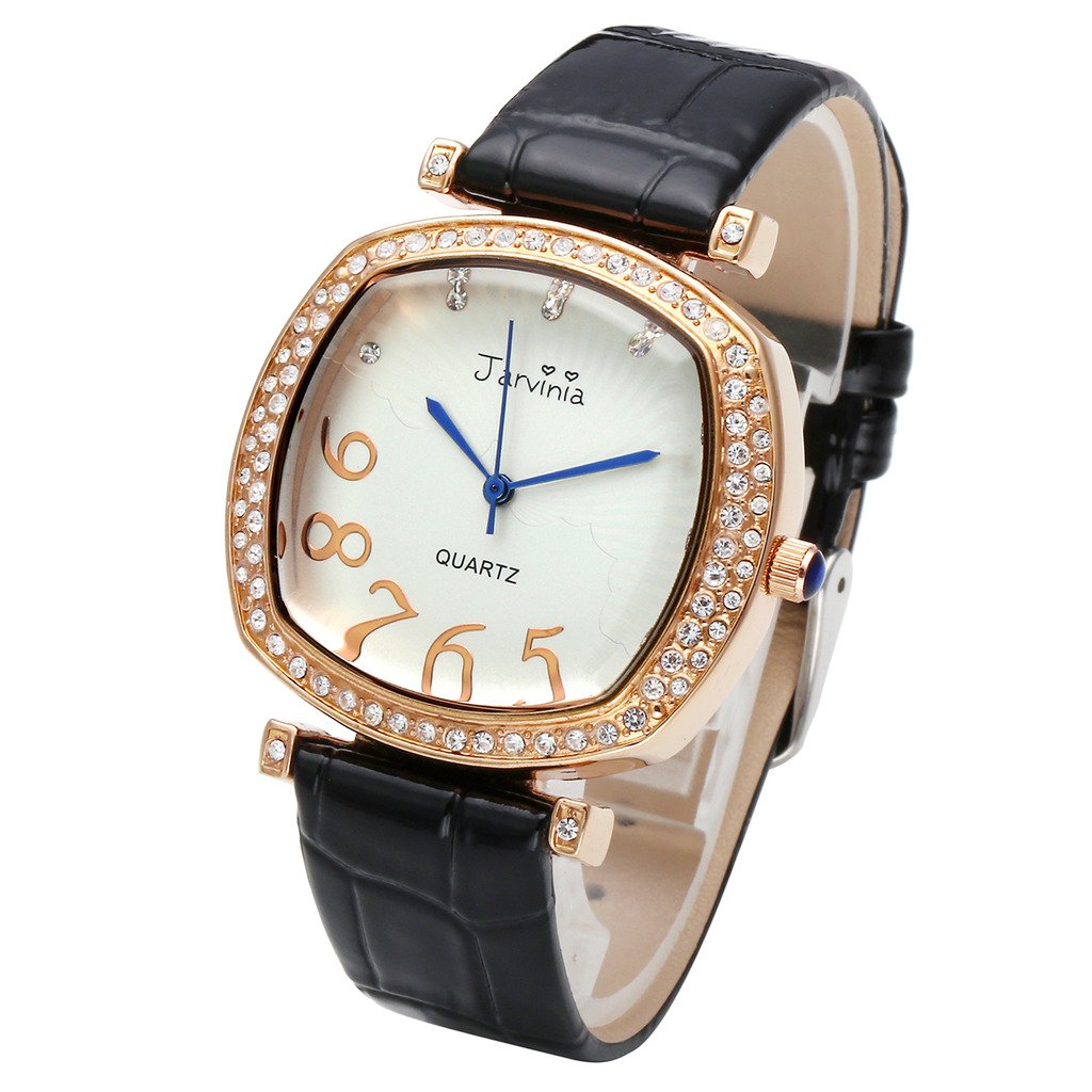 JSDDE Uhren,Elegant Frau Damen Armbanduhr Strass Quadrat Damenuhr Echtleder Armband Rosegold Analog Qaurzuhr,Schwarz