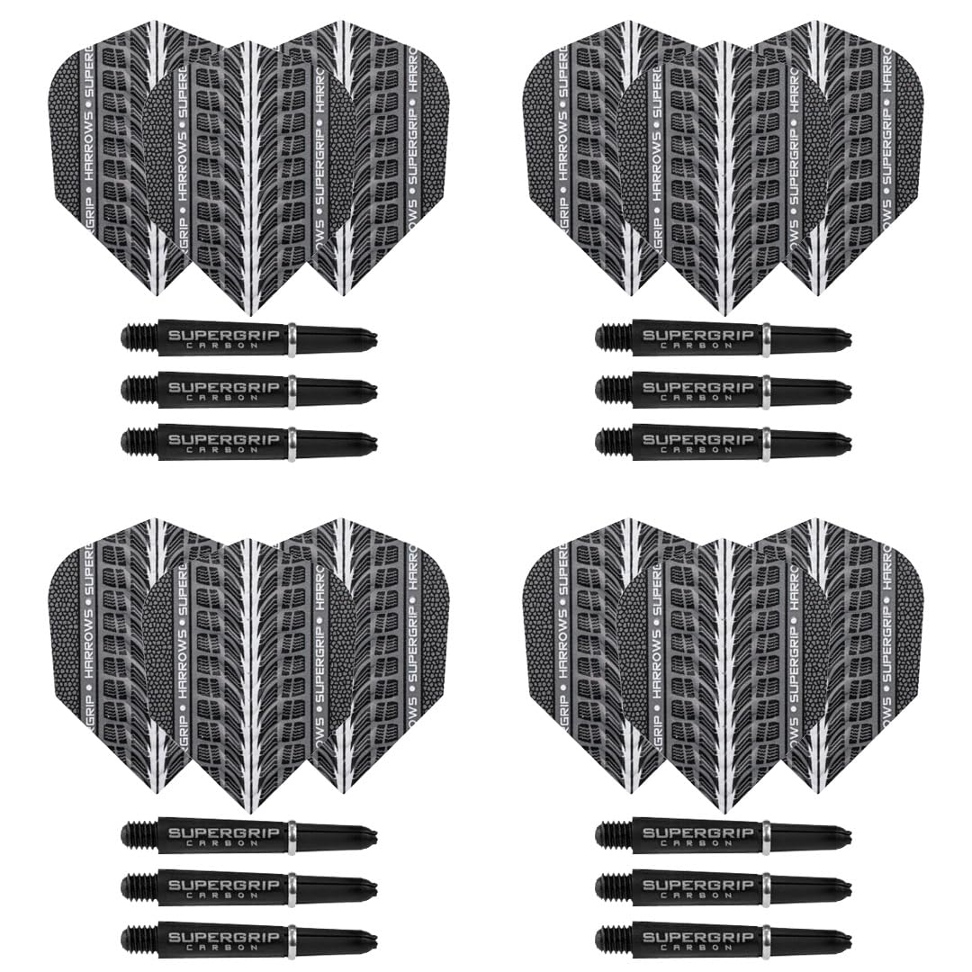 Harrows Darts 4 x Sets of Supergrip Carbon Dart Stems and Supergrip Ultra Dart Flights - 12 Dart Shafts 12 Darts Flights in Total - Medium & Short (Short)