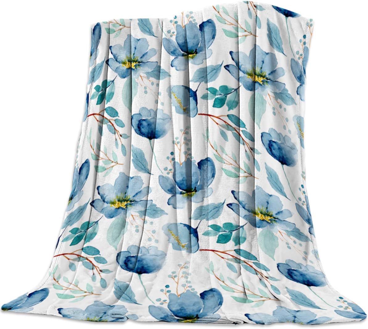 Bed Throws Blankets Watercolor Floral Blue,Flannel Fleece Lightweight Throw Blanket for Couch/Living Room/Bedroom,Cozy Warm Microfiber Blankets for Kids Women Men 39x49 Inch Twin,Tropical Flower Plant