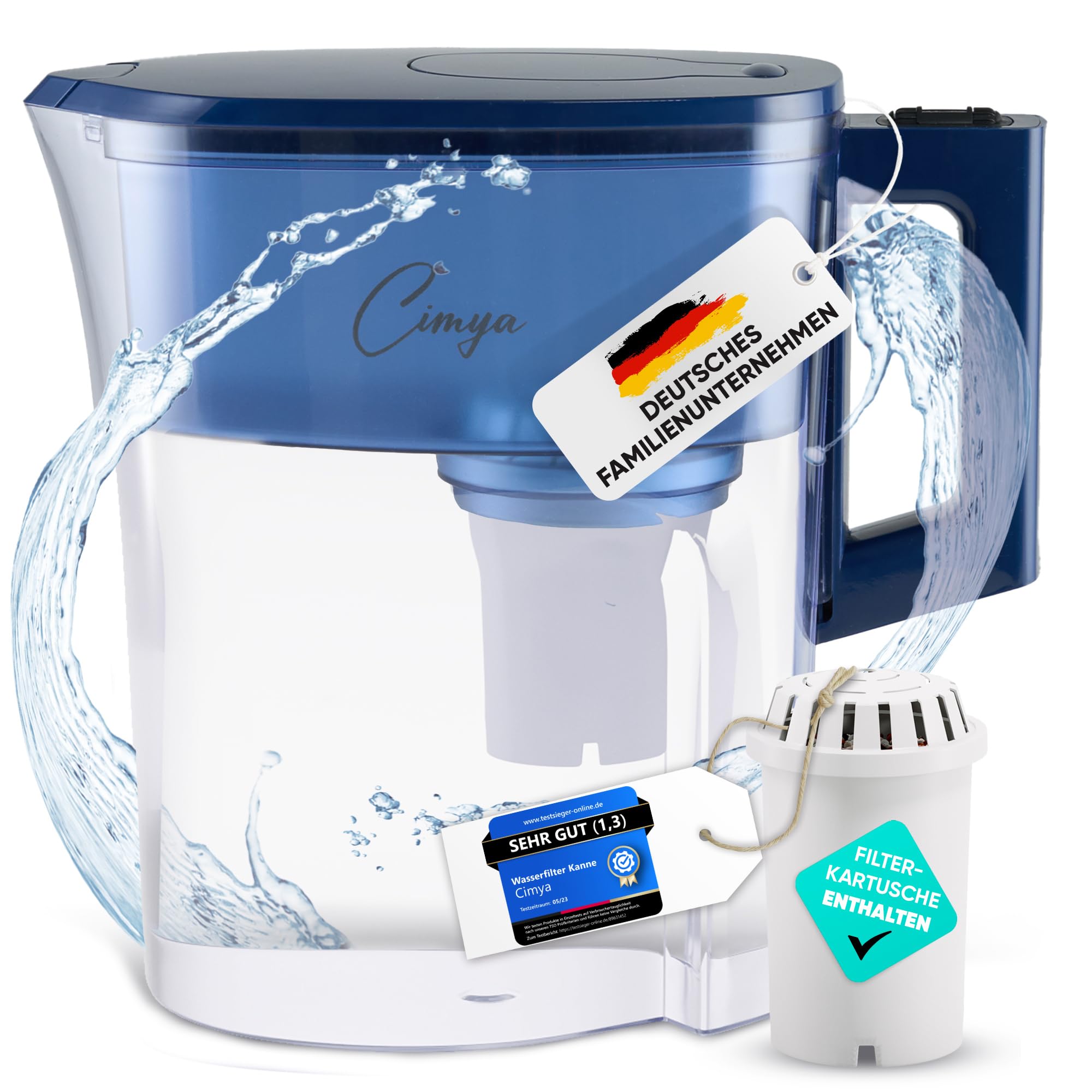 CIMYA Water Filter Drinking Water | 2.4 L Filter Navi Blue + 1 x 2 Month Filter Cartridge [Active Carbon] Softens, Filters Limescale, Chlorine, Pesticides & Bacteria, Increases pH Value (Navy Blue)