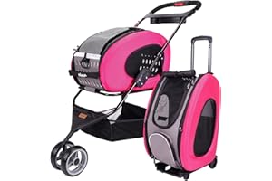 ibiyaya - Compact 5-in-1 Convertible and Foldable Small Pet Carrier and Stroller - Multifunctional Combo System Cat Stroller and Dog Stroller - Pets up to 16 Pounds - Pink