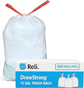 Reli. Tall Kitchen Trash Bags 13 Gallon Drawstring (500 Count Bulk), Kitchen Tall Drawstring Garbage Bags 13 Gallon - 16 Gallon Capacity, White Tall Kitchen Garbage Bags 13 Gal, Quick Tie Drawstring