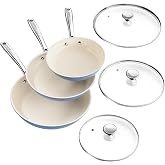 Redchef Ceramic Nonstick Cookware Set, 8/9.5/11", Tempered Glass Lids, Blue | Nonstick Frying Pan Set, PFAS-Free Durable Coating, Rapid Even Heat, Scratch-Resistant, Easy Clean, All Stove Compatible