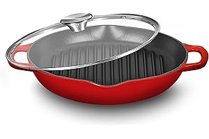 Bruntmor Red Enameled Deep Round Grill Cast Iron Griddle Pan with Glass Lid 10 Inch Non-Stick Round Frying Pan Cast Iron Skillet with Double Loop Handles, Safe for Oven, Induction, all Cooking tops