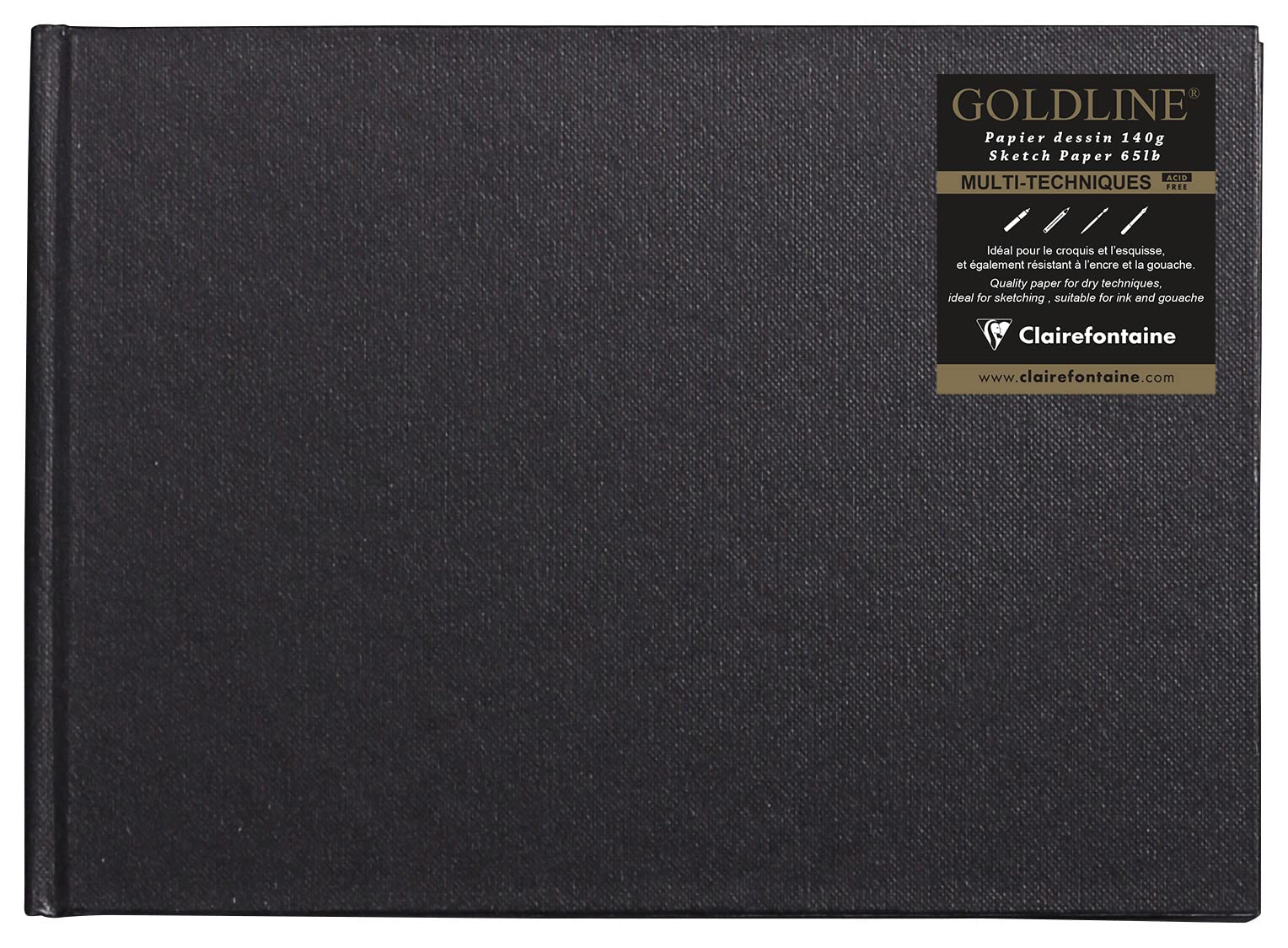 Clairefontaine - Ref 34246C - Goldline Casebound Pad (64 White Sheets) - A5 (210 x 148mm) Size, 140gsm Paper, Landscape Layout - Black Cover - Suitable for Dry Techniques