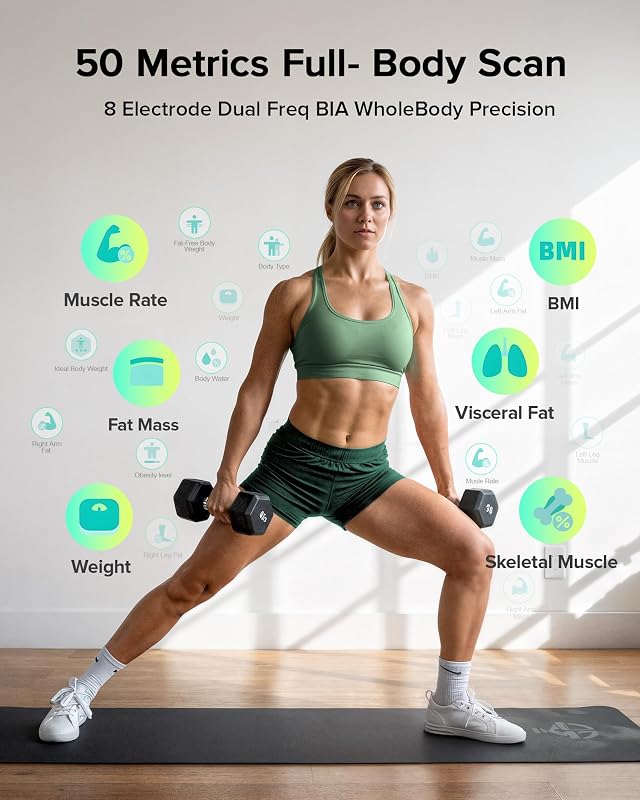 Körperfettwaage, Personenwaage digital mit 8 Elektroden für Körpergewicht und Körperfett, BMI, Muskelmasse und Analyse von 28 Körpermaße App-Nutzung, 3-Metrik-Anzeige, 180kg