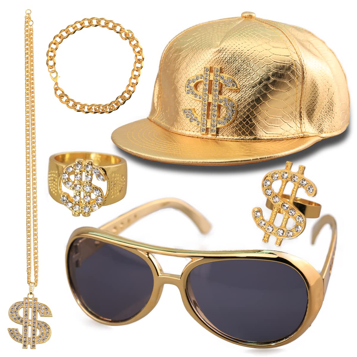Hip Hop Costume Set, 80s 90s Rapper Accessories, Piece Dollar Necklace, 2 Dollar Rings, Bracelets, Hat with 1 Pair of Sunglasses for Adults Men Boys