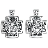 Double-Sided Orthodox Cross Necklace Sterling Silver 925 - Byzantine Greek Cross Pendant with Jesus Christ & Virgin Mary - Authentic Christian Religious Jewelry for Men Women - Handmade