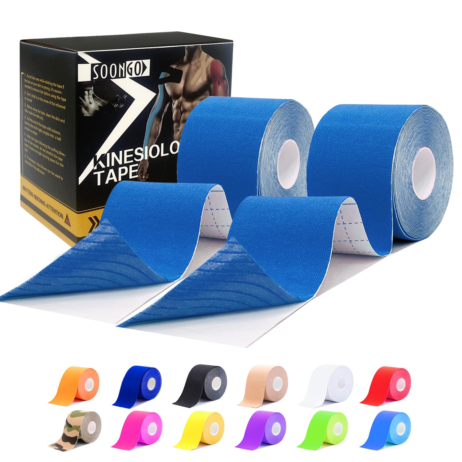 Kinesiology Tape Rock Tape Physio Tape 2 Rolls, Elastic Therapeutic Sports Tape for Shoulder, Ankle, Elbow, Wrist, Knee Support, Waterproof Physiotherapy Body Tape for Muscle Pain by SOONGO (Blue)