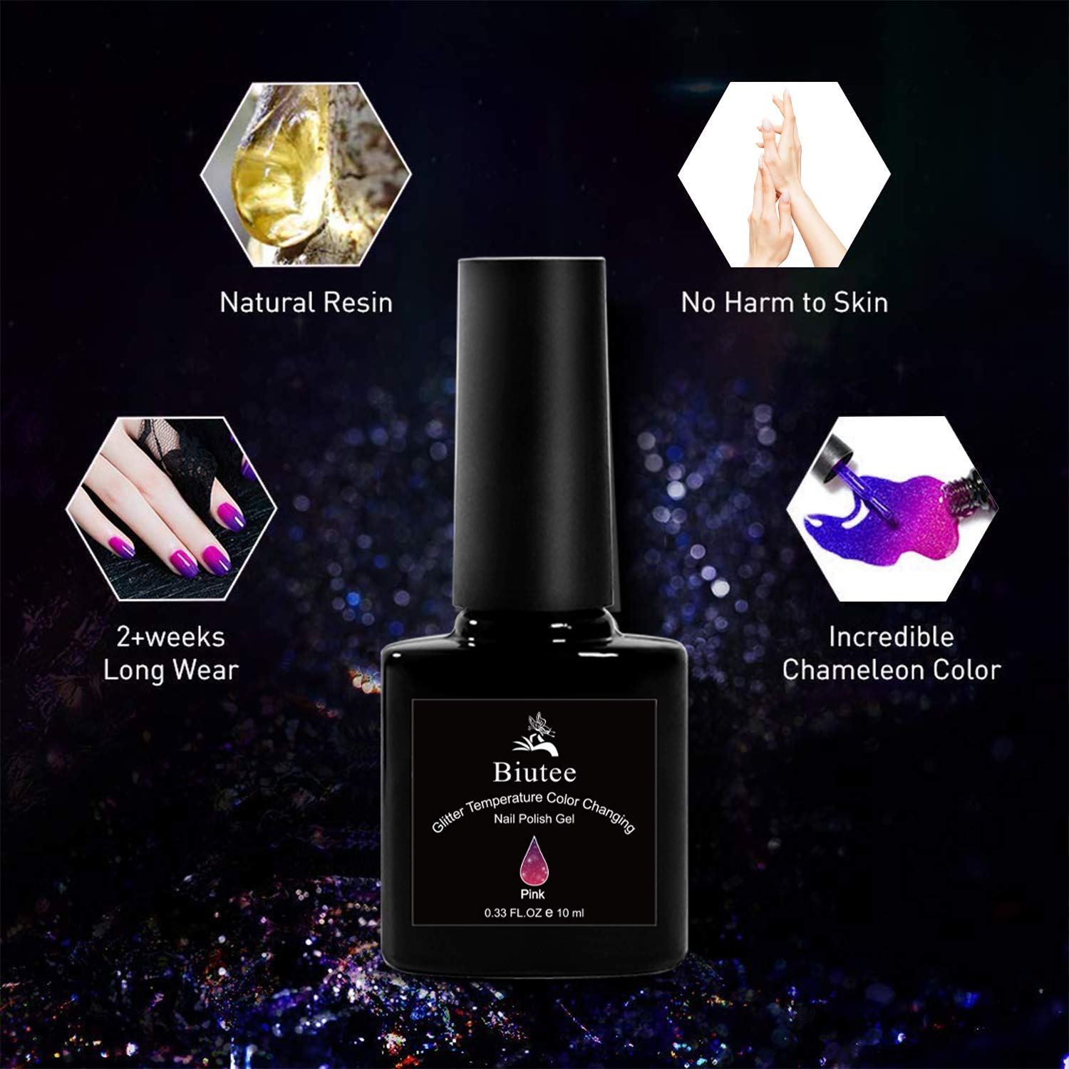 Biutee Glitter Temperature Color Changing Gel Nail Polish Gel Set 6 Colors 0.33 Oz Glitter Gel Polish Soak Off UV LED Nail Polish Set: Beauty