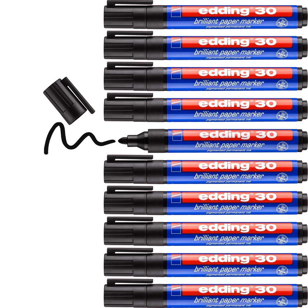 edding 30 brilliant paper marker - black - 10 waterproof permanent markers - round nib 1.5-3 mm - vibrant colours - lightfast marking on paper, card, cardboard, plastic, metal and glass