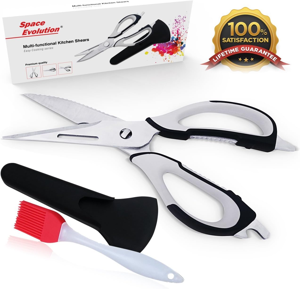 Kitchen Shears Poultry Scissors Set, BEST Cutting Aid with Stainless Steel Heavy Duty Blades and Large Handles FREE Basting Brush Included for Glazing and Food Marinade by Space Evolution