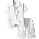 GORGLITTER Boy's Outfits Beach Linen Sets 2 Piece Summer Vacation Shorts Sets Short Sleeve Button Down Shirts Top and Shorts