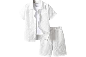 RoseSeek Boy's 2 Piece Beach Vacation Textured Linen Outfit Short Sleeve Button Down Shirt Top and Shorts Summer Set