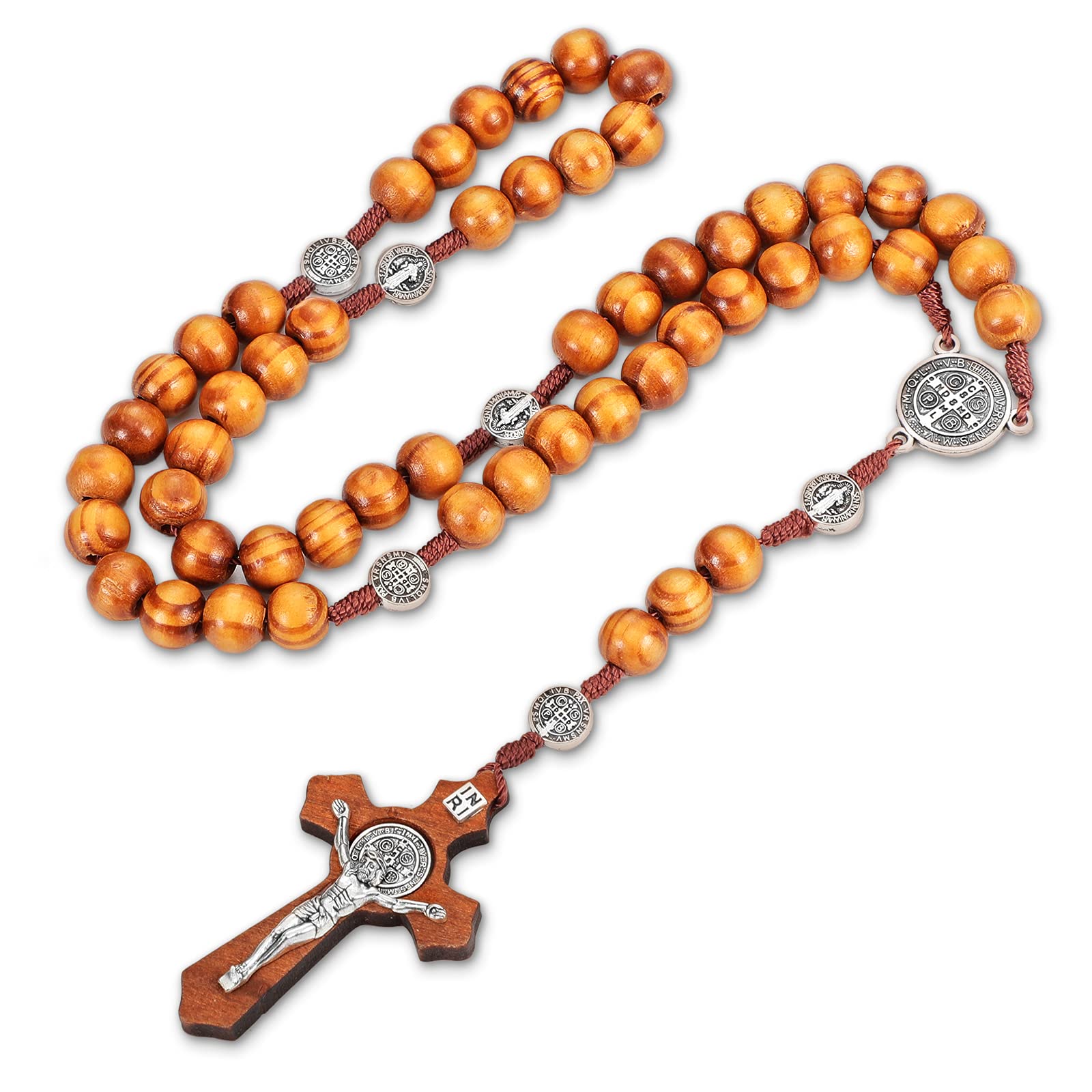 Hicarer Olive Wood Rosary Necklace with Cross Beads and Flannel Bag for Men and Women (Brown)