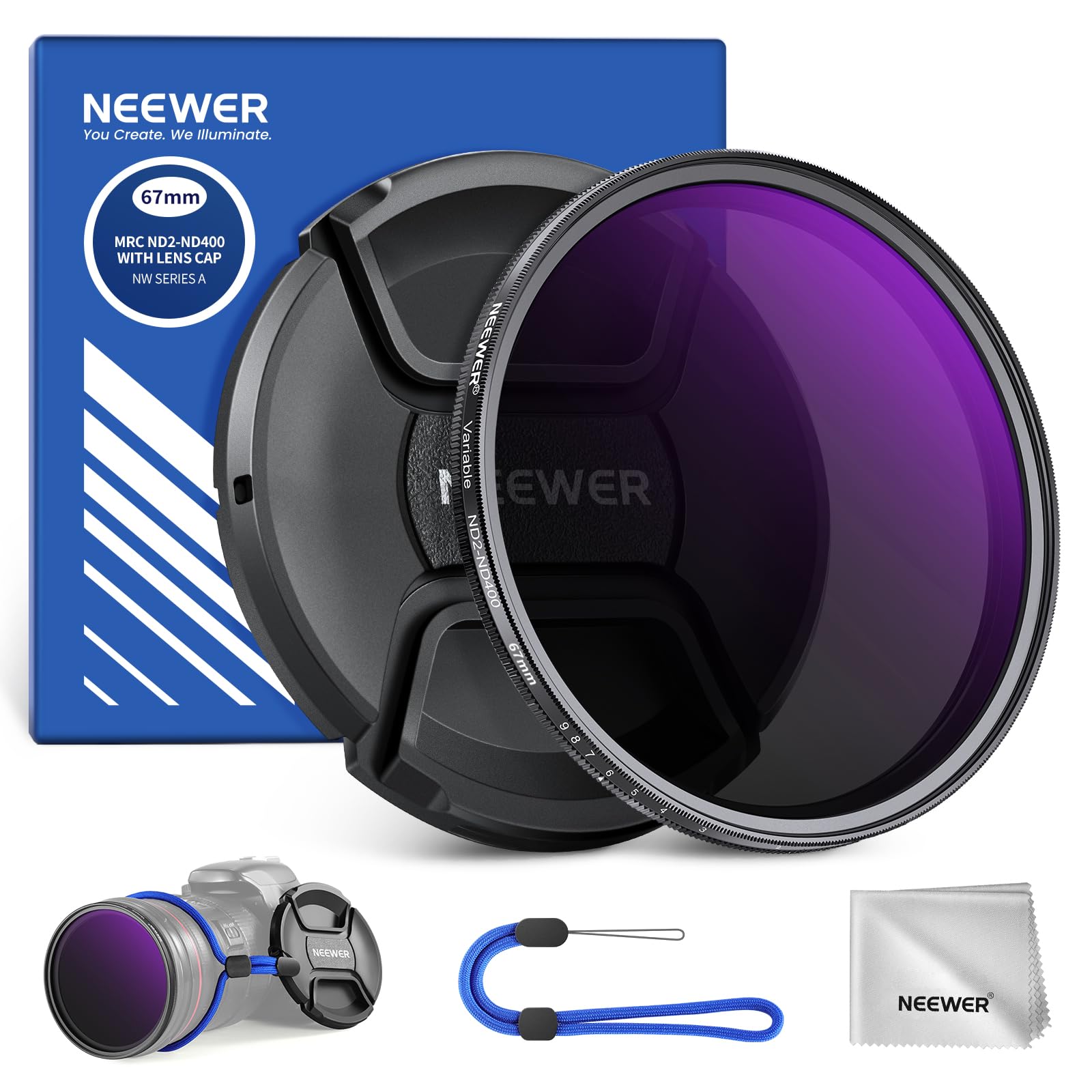 NEEWER 67mm ND2-400 (1-9 Stops) Variable ND Filter with Lens Cap, Lanyard, Cleaning Cloth, Precise Neutral Density Adjustment, Fingerprint & Scratch Resistant Multicoated Optical Glass