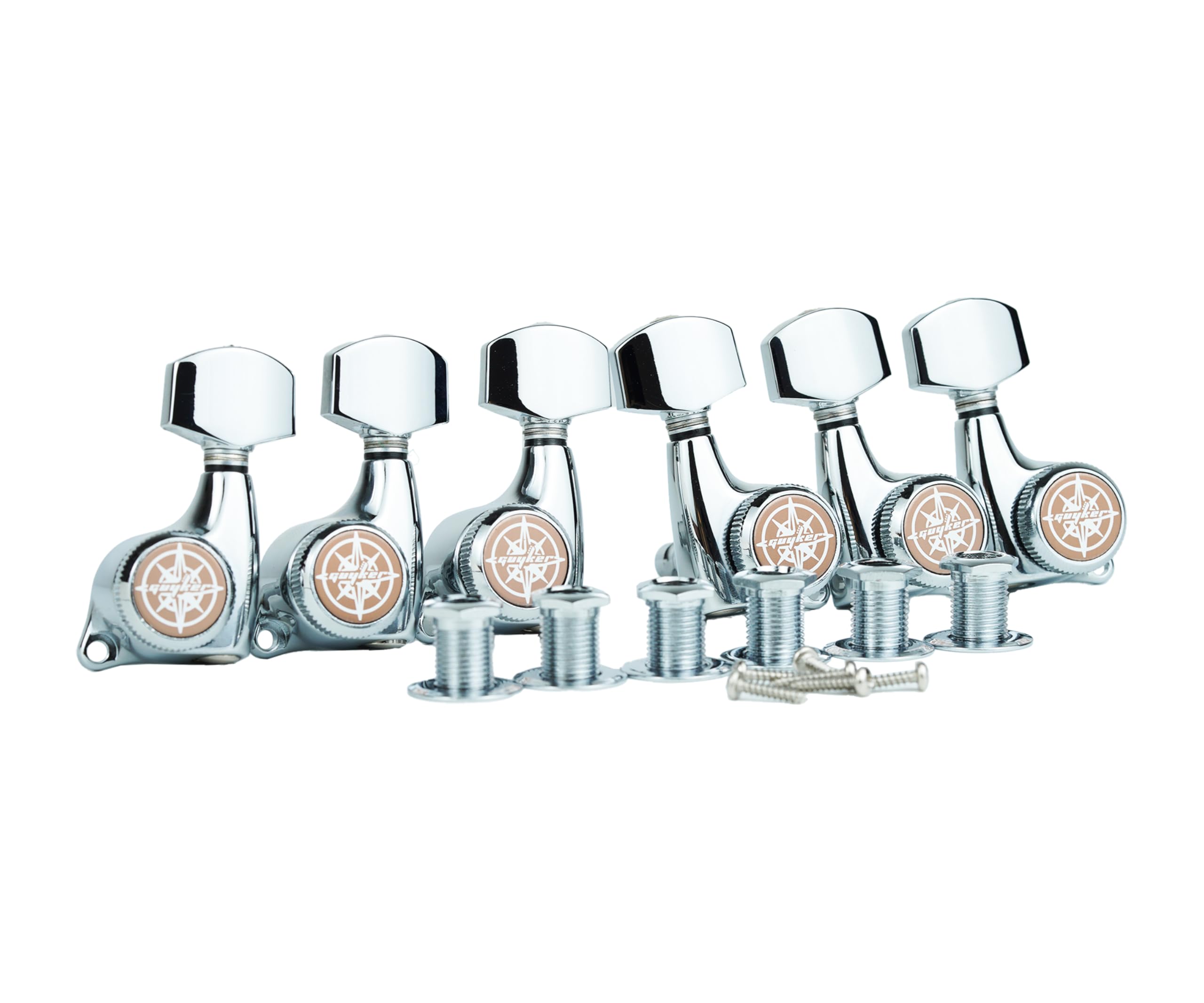 Guyker 6Pcs Guitar Locking Tuners (3L + 3R Handed) - 1:21 Ratio Lock String Tuning Key Pegs Machine Heads with Hexagonal Handle Replacement for LP SG Style Electric, Folk or Acoustic Guitars - Chrome