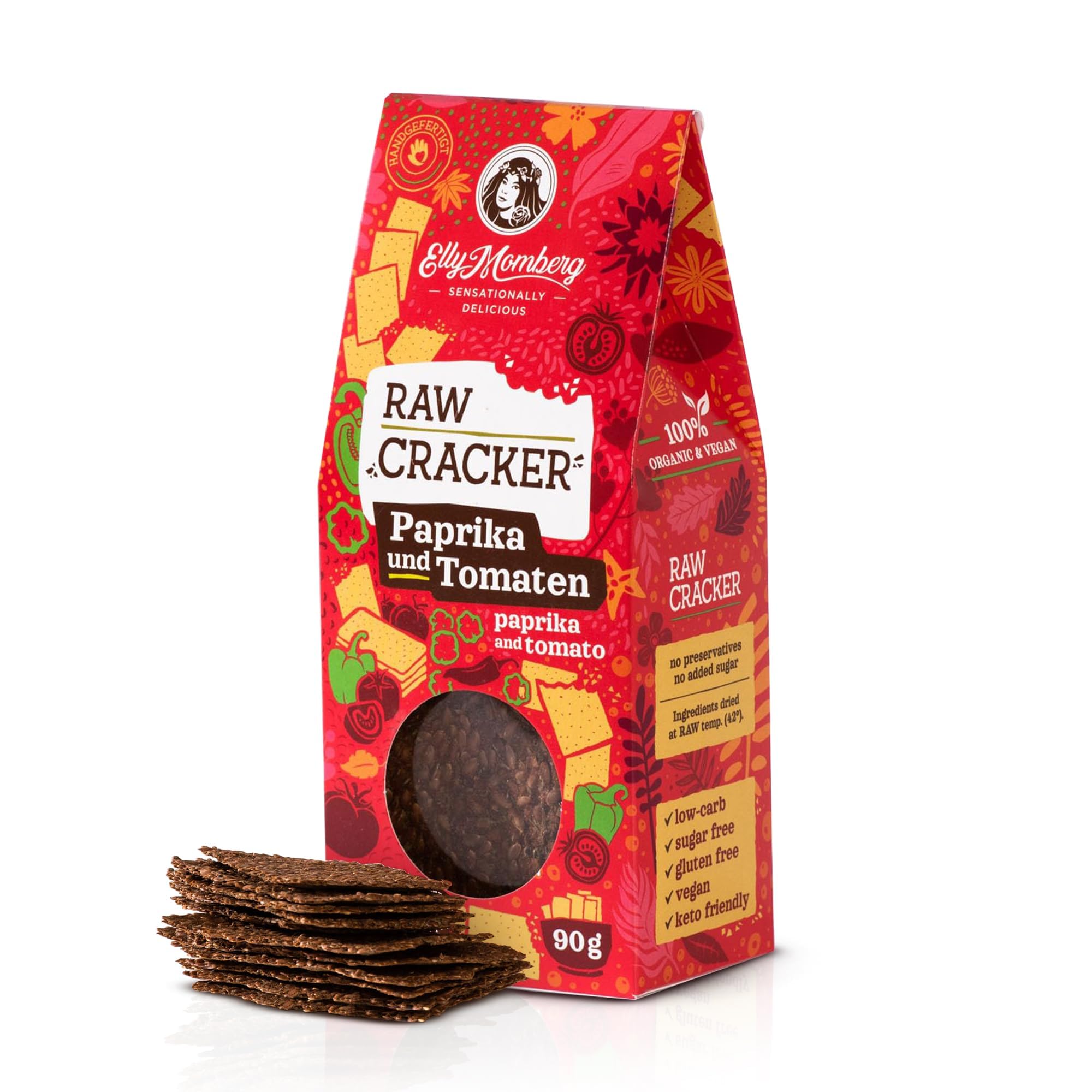 Elly Momberg Bio Leinsamen Cracker Tomate Paprika 90g (Paprika & Tomaten) – Keto, Low Carb, Glutenfrei, Vegan, Ohne Zuckerzusatz – Rohkost Crackers, Ballaststoffreich, Knuspriger Gesunder Snack