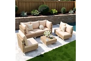 Ophelian 7 Piece Patio Furniture Set, Outdoor Wicker Sectional Couch Weave Rattan Sofa with Coffee Table & Thick Cushion(Beige), Perfect for Lawn, Deck, Garden, Backyard