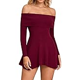 GLNEGE Fall Off The Shoulder Long Sleeve Mini Party Dress Flowy Sweater Knit A-Line Ruffle Cocktail Short Dresses Women
