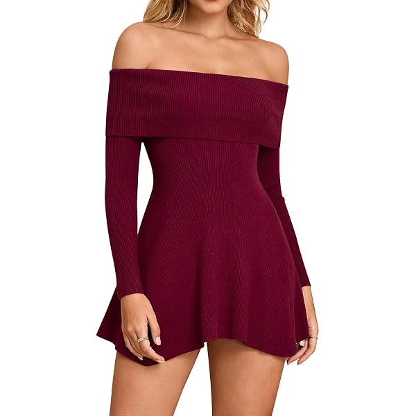 burgundy off the shoulder sweater dress Off Shoulder Sweater Dress Without Belt