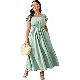 ShopWonder Women Plus Size Boho Maxi Dress Short Sleeves High Waist Ruffle Casual Summer Dress with Pockets