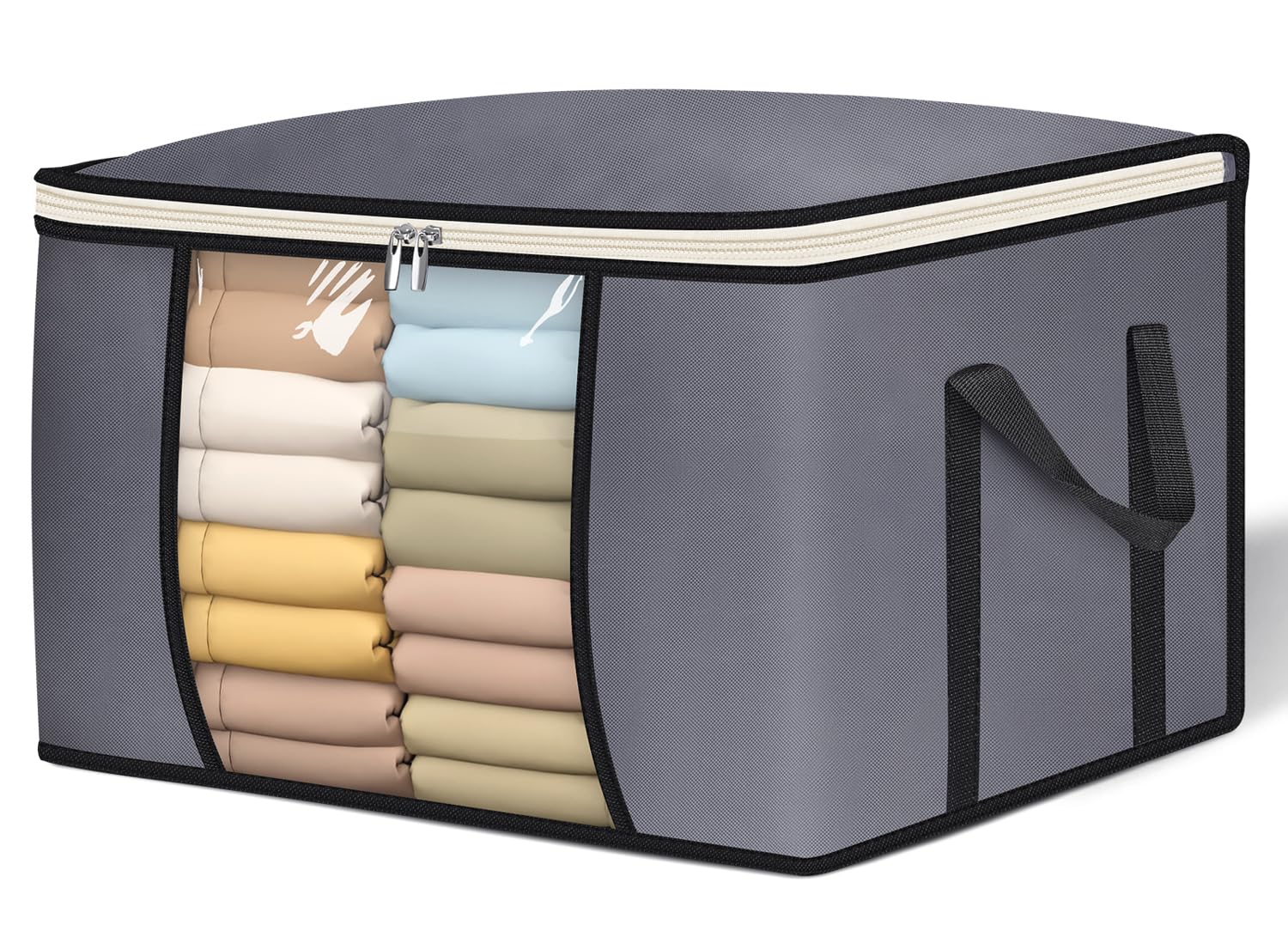 SLEEPING LAMB 65L Clothes Storage Bag, Breathable Blanket Storage Container and Foldable Comforter Organizer for Closet with Reinforced Handles for Sheets, Pillow, Toys, Grey