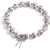 ZHDHDQ Beads Bow Charm Bracelet for Women,Flower Floral Antique Vintage Bracelet Handmade 14 Gold Plated Beaded and Bow Stretch Bracelet Aesthetic Jewlery Gifts