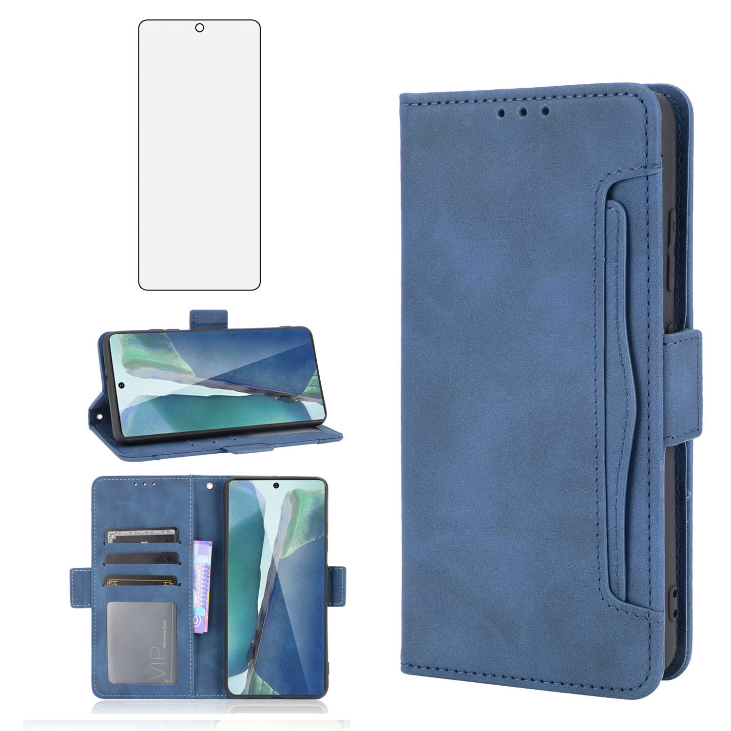 Asuwish Compatible with Google Pixel 6A 5G 2022 Wallet Case and Tempered Glass Screen Protector Card Holder Credit ID Slot Flip Cell Accessories Phone Cover for Pixel6A Women Men Blue