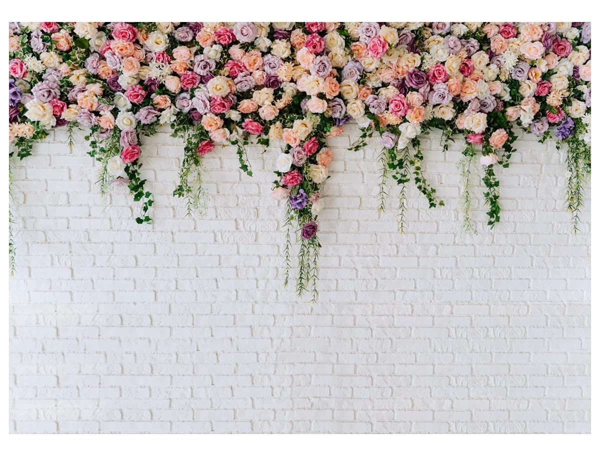 Photo 1 of DHXXSC 7X5FT White Brick with Flowers Backdrop Occasions Mother's Day Wedding Bridal Shower Birthday Party Banner Background Supplies DH-357
