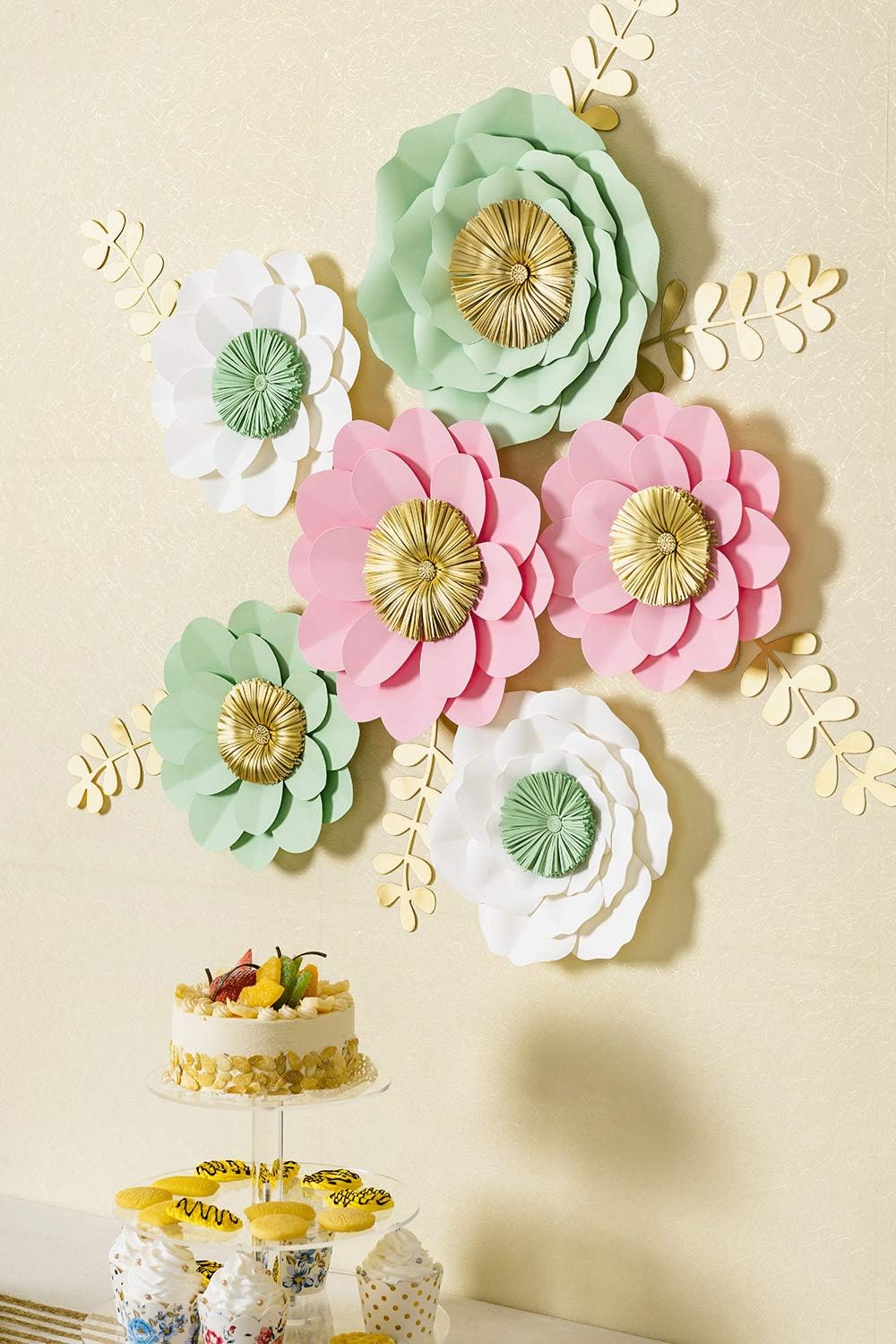 Amazon Com 3d Paper Flower Decorations Spring Giant Paper Flowers Large Handcrafted Paper Flowers Green Pink White Set Of 6 For Wedding Bridal Shower Baby Shower Nursery Wall Decor Kitchen Dining