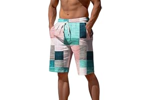 PETCDIM Mens Linen Plaid Bermuda Shorts Ethnic Pattern Jogger Shorts Summer Straight Drawstring Beach Short with Pockets