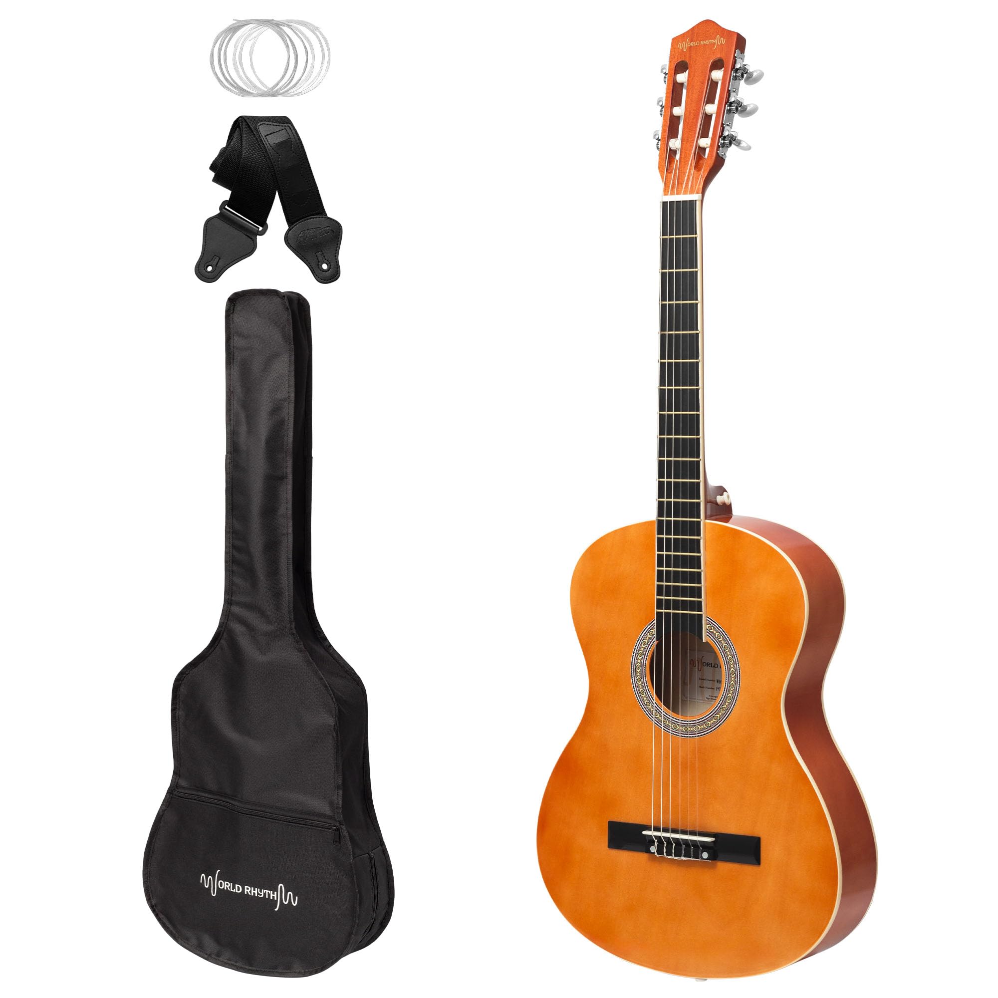 World Rhythm 4/4 Classical Guitar - Natural Spanish Guitar for Beginners, Full Size Guitar, Ideal for Children Aged 12+