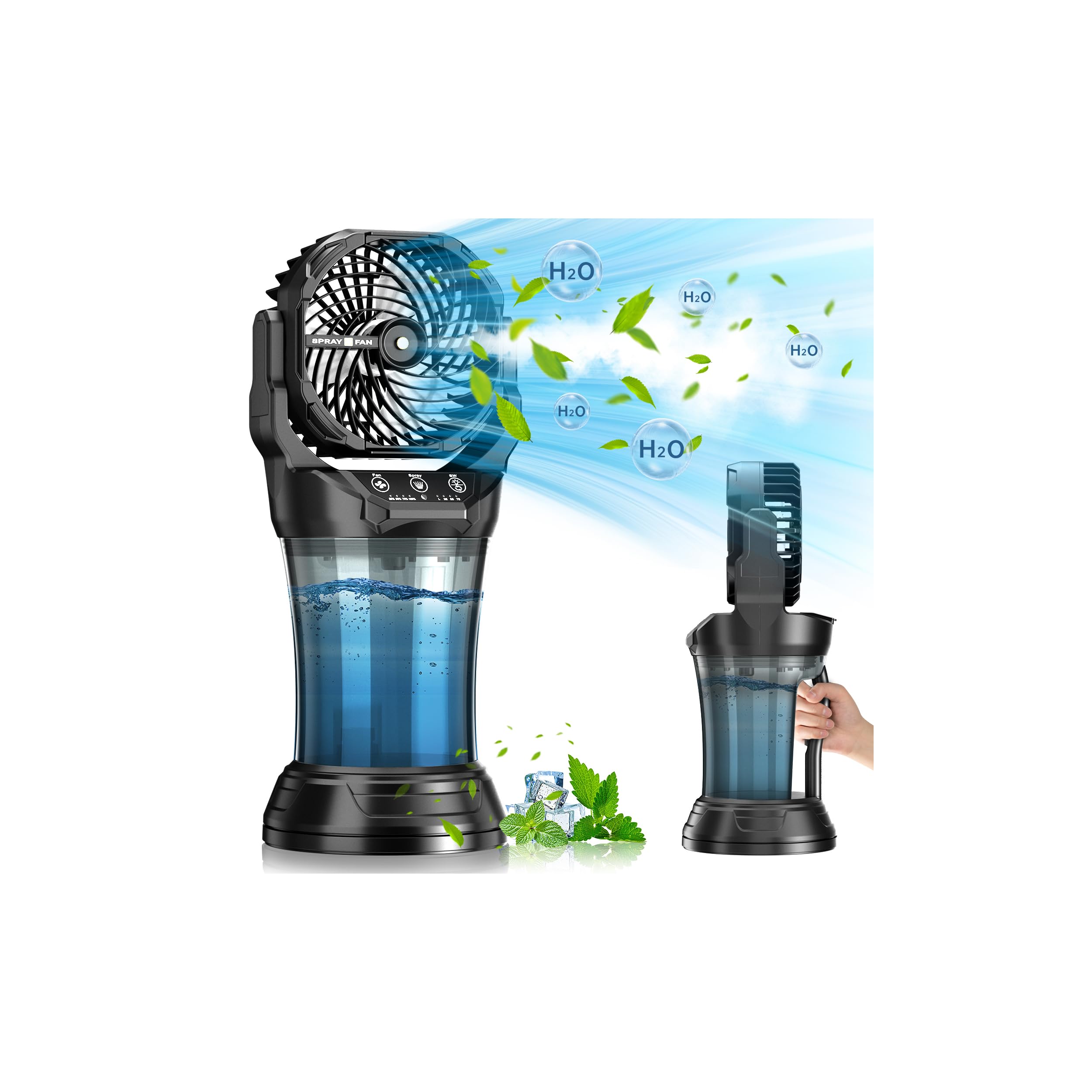 Photo 1 of 30000 mAh Portable Misting Fan with RGB Ambient Light, 2000 mL Water Tank Bucket Rechargeable Camping Mist Fan with 120° Auto Oscillating Perfect for Patios Fishing Travel Garden Party Golf Tent