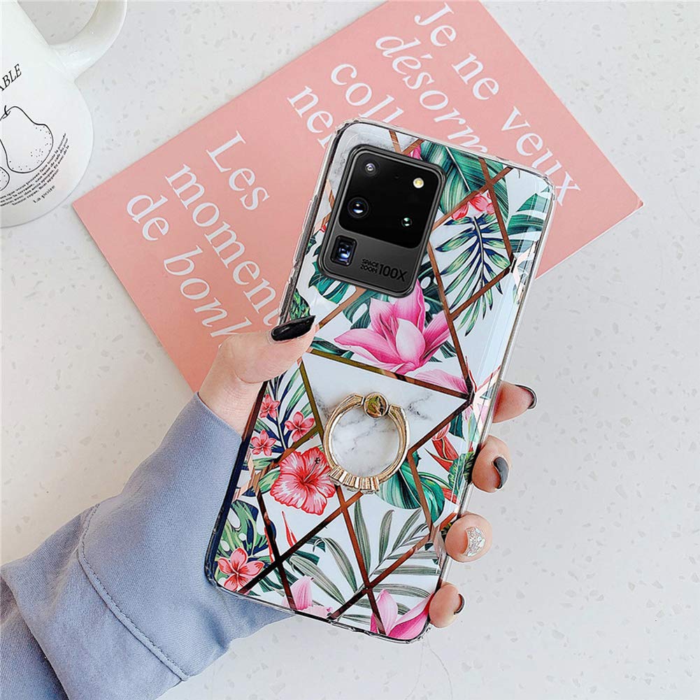 Jinghuash Compatible with Samsung Galaxy S20 Ultra Slim Protective Case with Ring Stand Flower Painted Splicing Marble Pattern Pink
