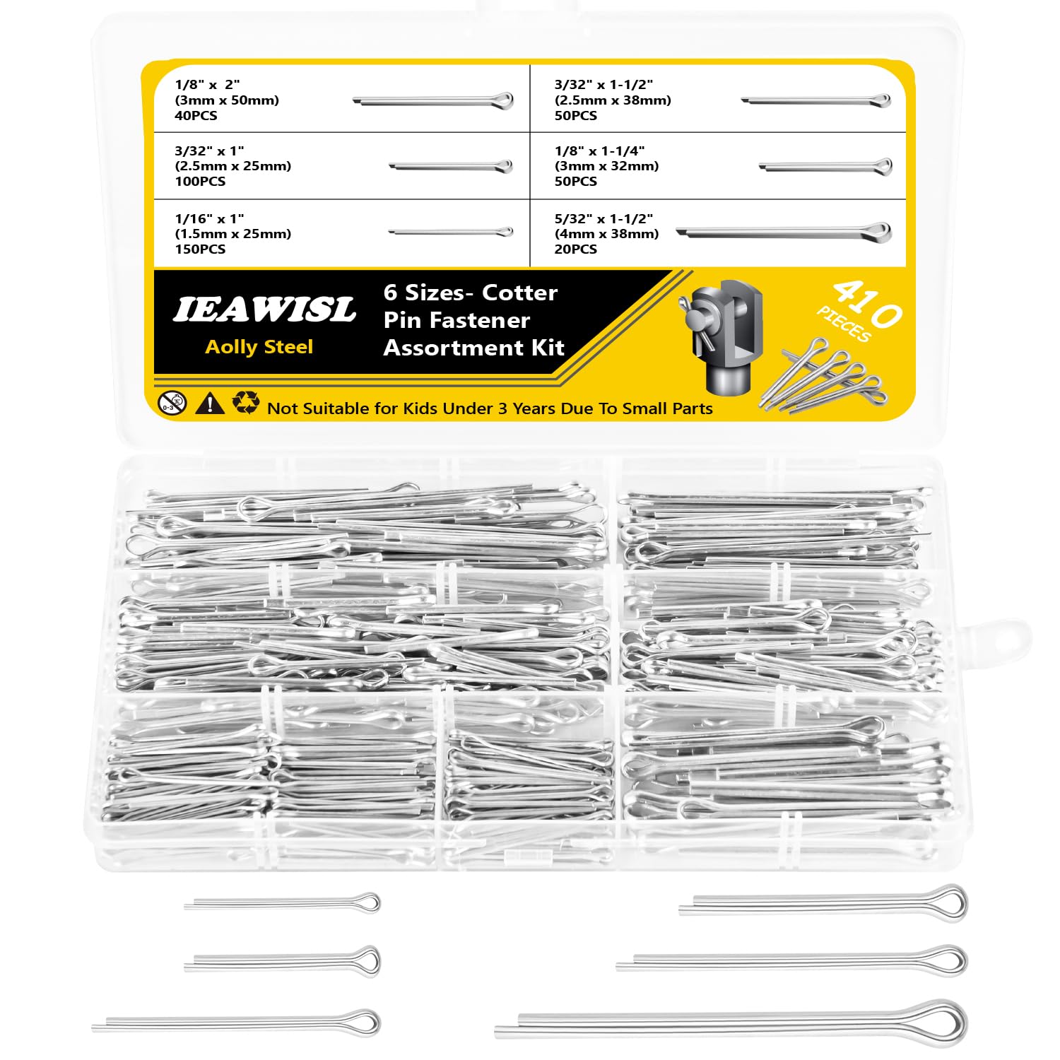Photo 1 of 410PCS Cotter Pins Assortment Kit, 6 Size Zinc Plated Carbon Steel Hairpin Cotter Pins Fastener for Automotive, Axles, Trailer Hitch, Tractors