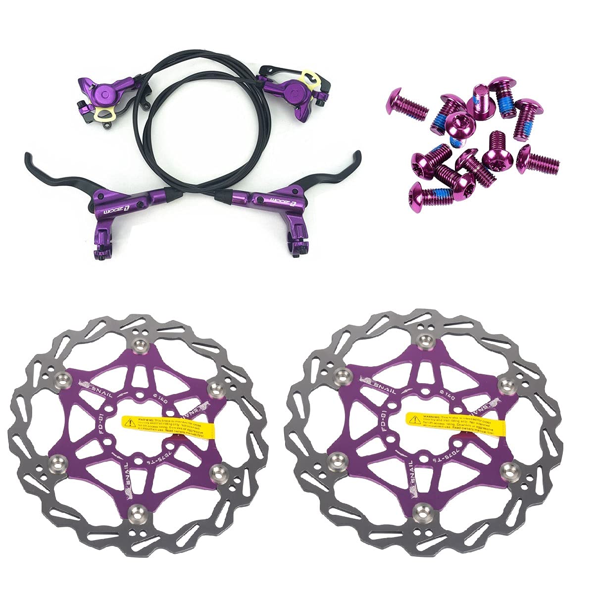 Zoom Hydraulic Disc Brakes Mountain Bike Sets MTB Front & Rear Set with Floating Disc Rotor 160mm & Color Bolts (Purple)