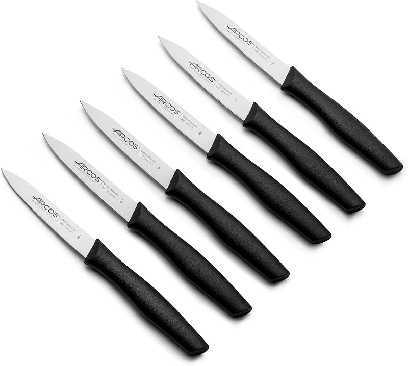 Lot de 6 Couteaux d'Office. Lame 100 mm Acier Inoxydable. Manche Polypropylène. Couteaux de Cuisine Éplucheurs. Compatible Lave-Vaisselle. Série Nova. Couleur Noire